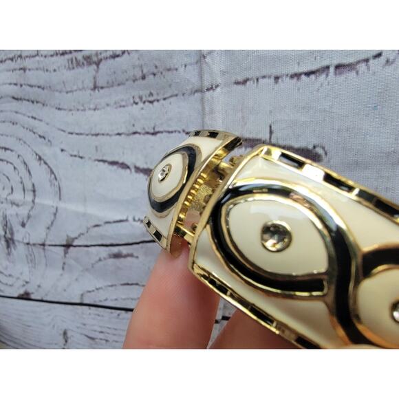 Black White Enamel Gem Hinged Bracelet Bangle Chunky Round Classic Fashion - Picture 3 of 7